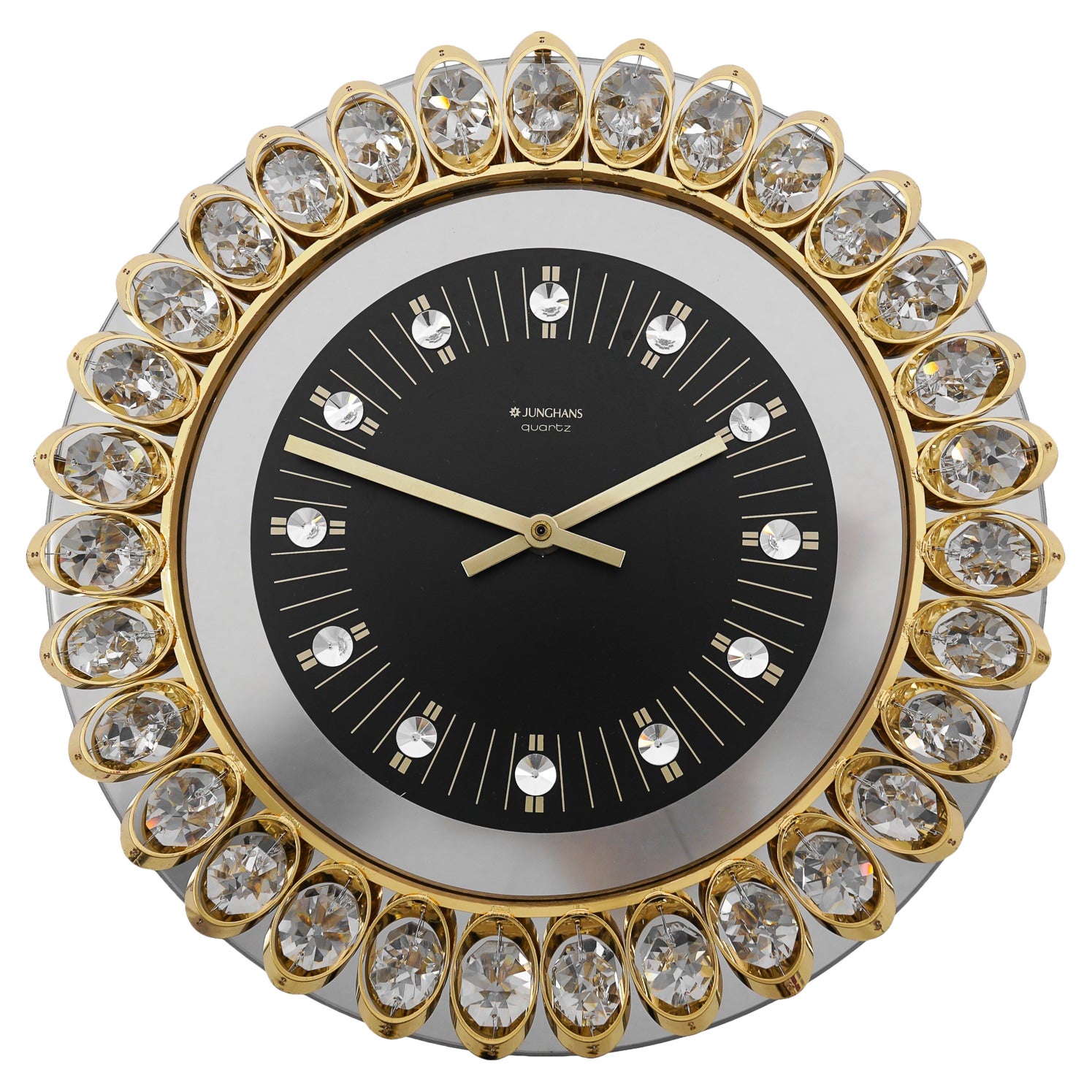 Golden Junghans Hollywood Regency Gilt and Crystals Wall Clock, Germany, 1970s For Sale