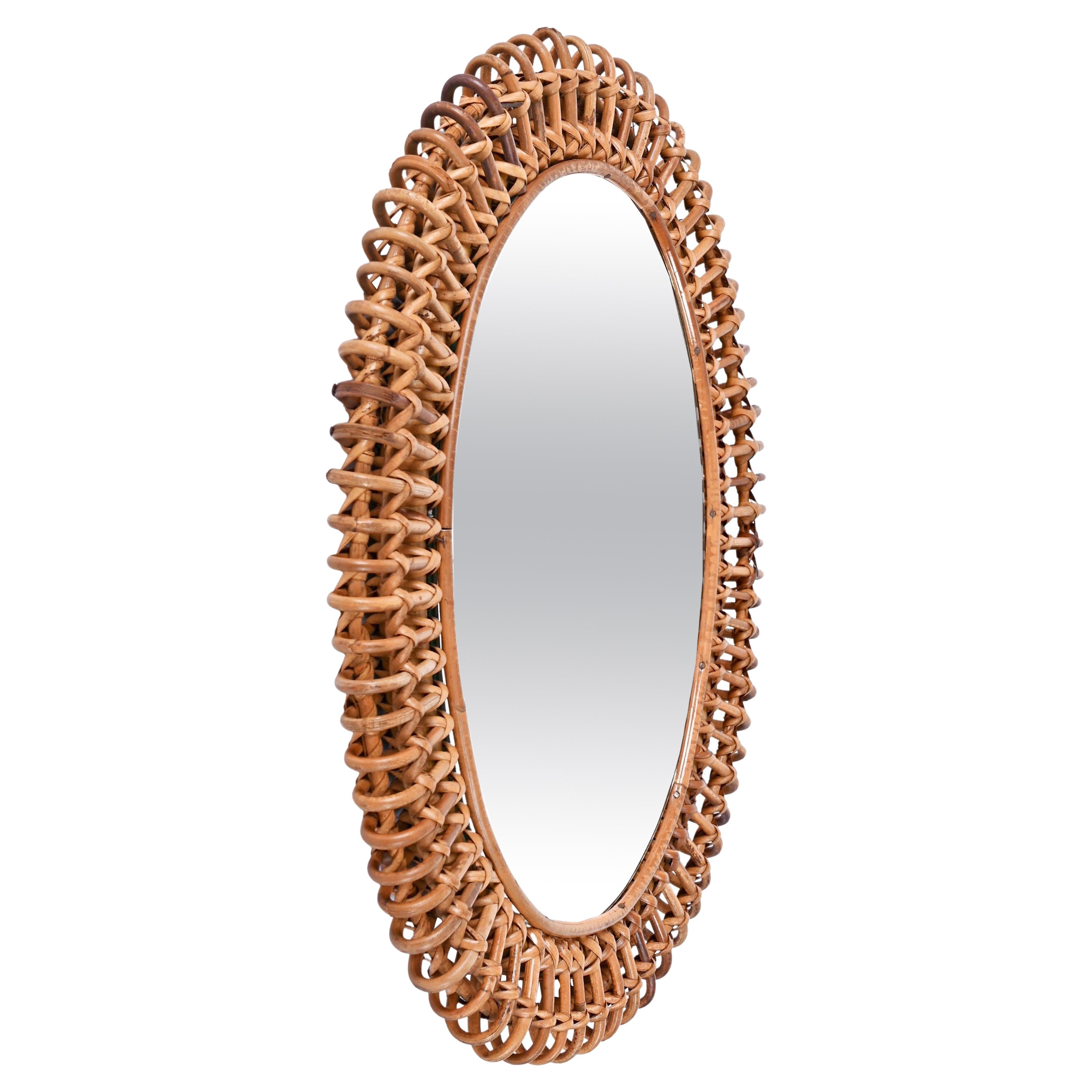 Albini Mid-Century French Riviera Bamboo and Rattan Oval Italian Mirror, 1960s In Good Condition In Roma, IT