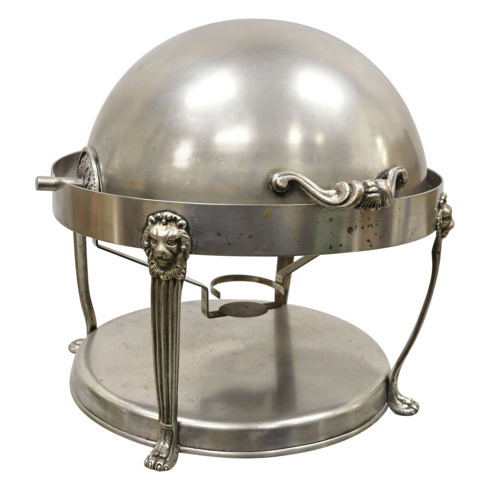 Vintage Regency Style Silver Plated Steel Round Chafing Dish Service Piece with For Sale