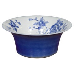 Blue and White Porcelain Wash Basin with Floral Motifs and Cobalt Blue
