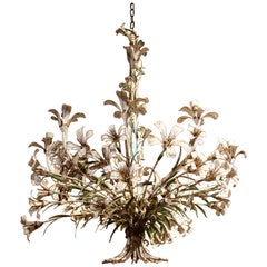 1970s French Iron Ceiling Lamp in the Shape of Tree with Branches and Flowers