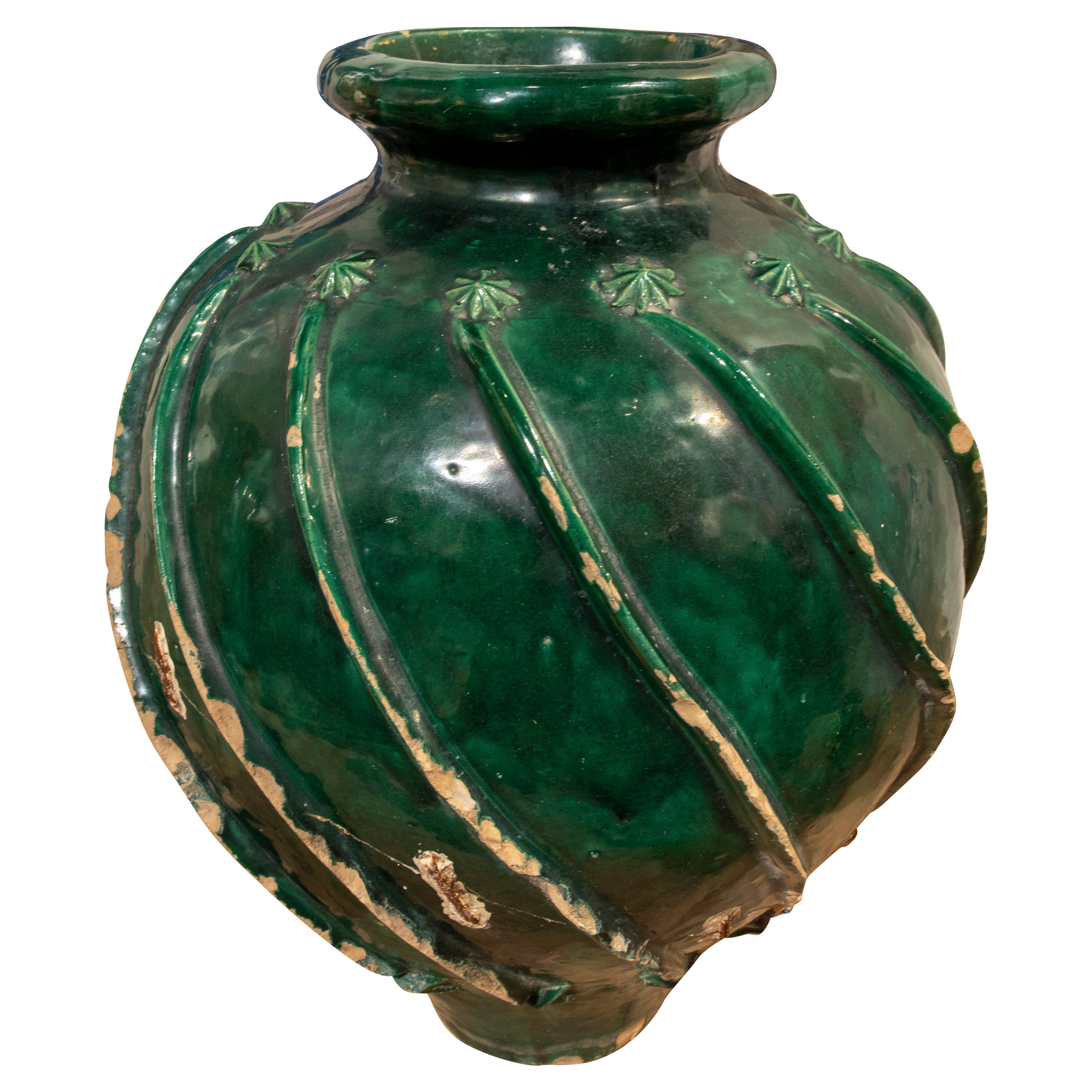 Spanisches grün glasiertes Steingutgefäß aus dem 19.