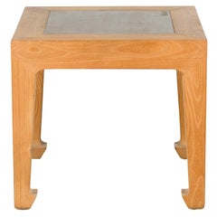 Vintage Bleached Elmwood Square Side Table with Stone Tile Inset Top