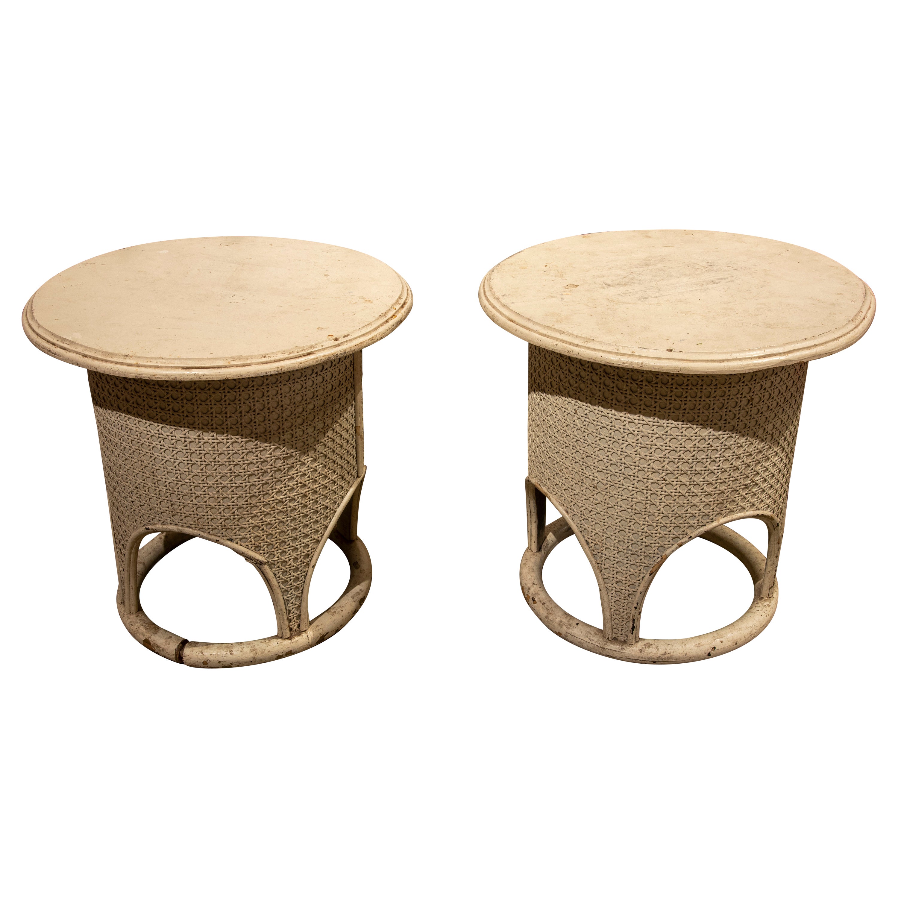 1970s Pair of Round Wooden Side Tables with Wicker