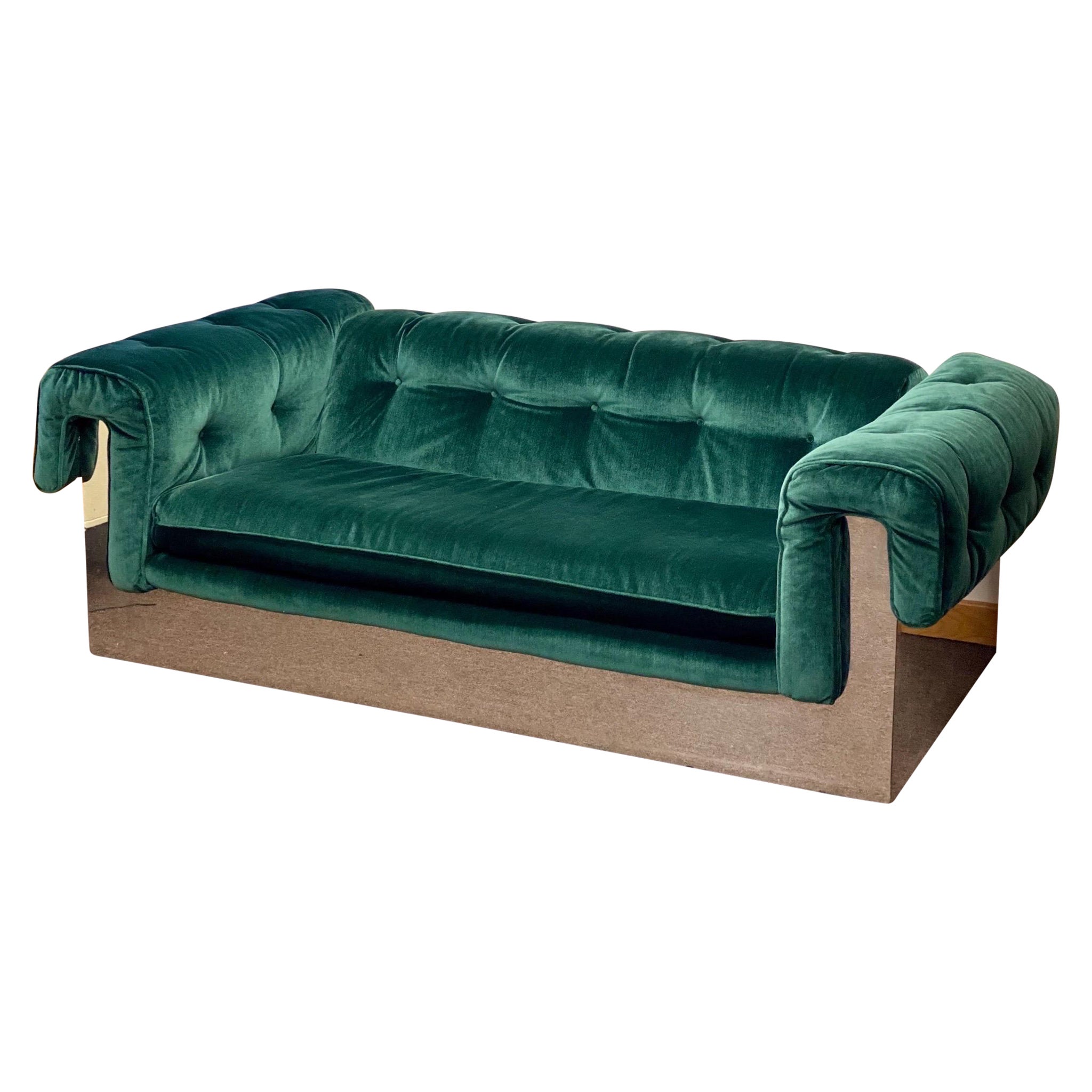 1970s Milo Baughman for Thayer Coggin Tufted Green Velvet & Chrome Wrapped Sofa For Sale
