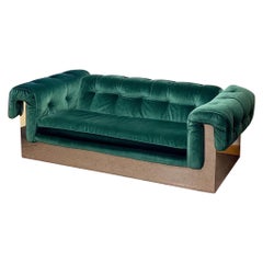 1970s Milo Baughman for Thayer Coggin Tufted Green Velvet & Chrome Wrapped Sofa