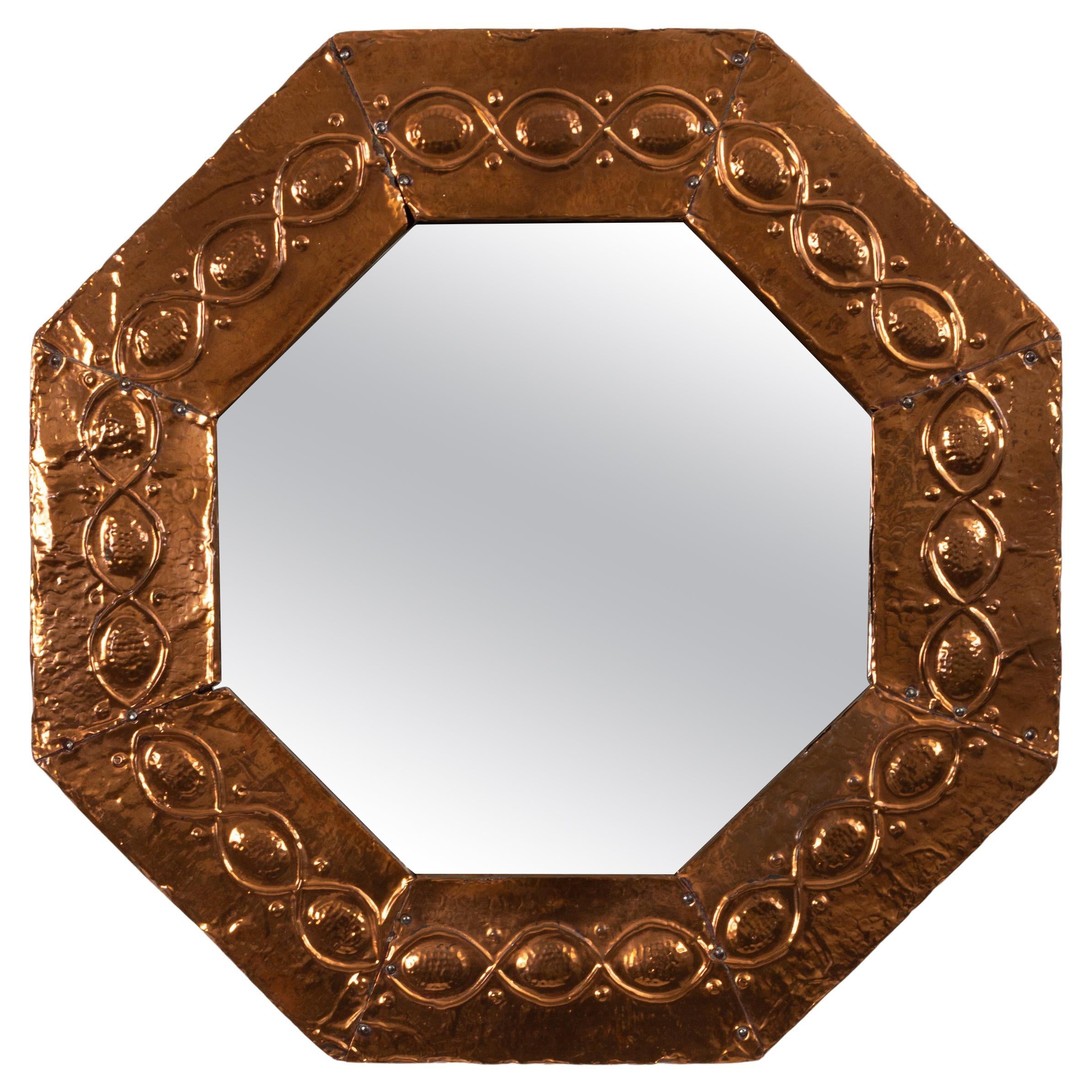 Antique miroir octogonal anglais Arts & Crafts en cuivre