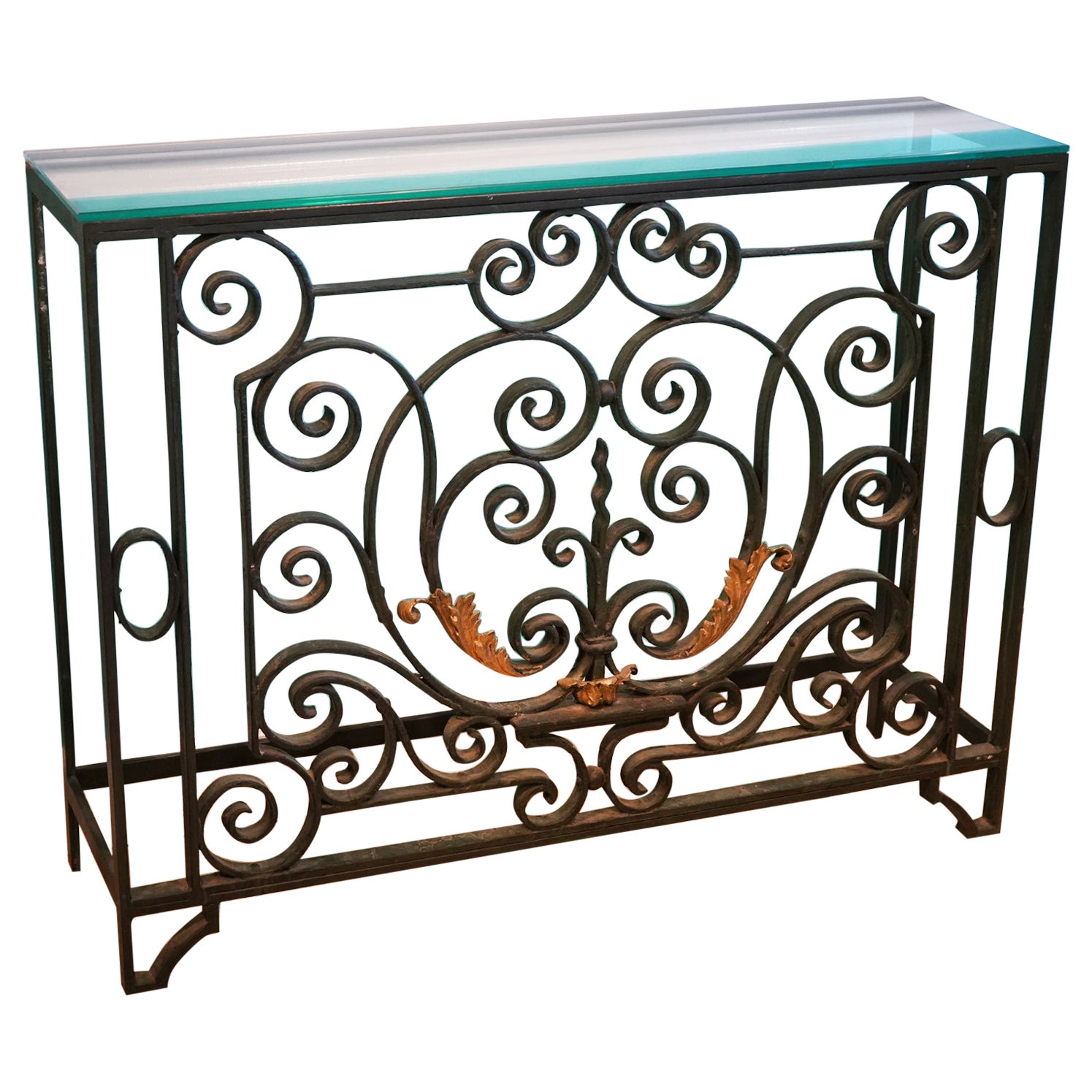 French, Wrought Iron and Gilt Glass Top Console Table with Scrolls and Leaf Work For Sale