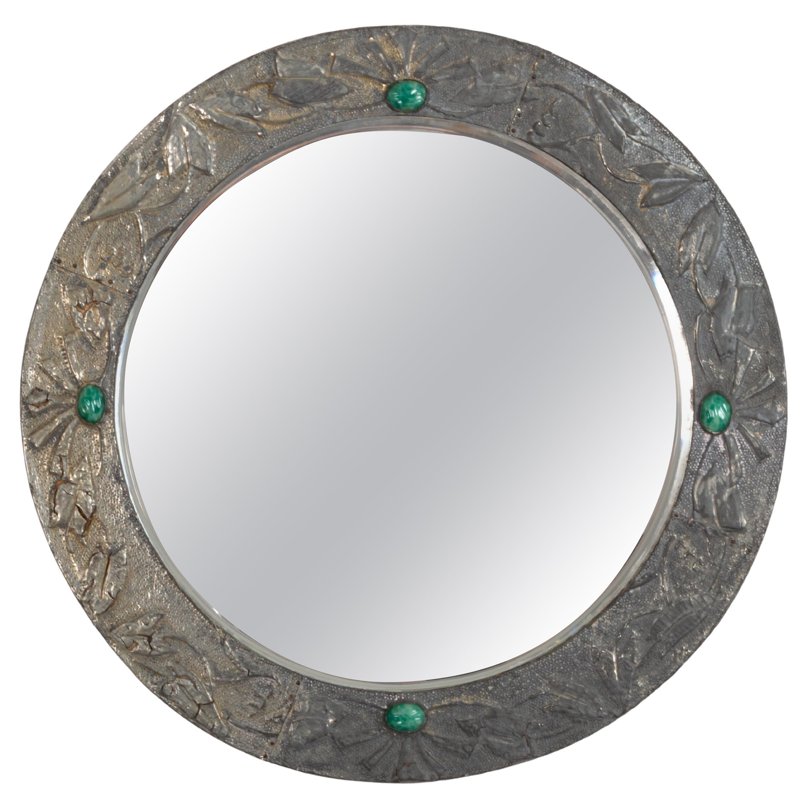 Antique English Arts & Crafts Circular Pewter Cabochon Wall Mirror For Sale
