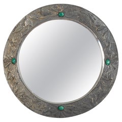 Antique English Arts & Crafts Circular Pewter Cabochon Wall Mirror
