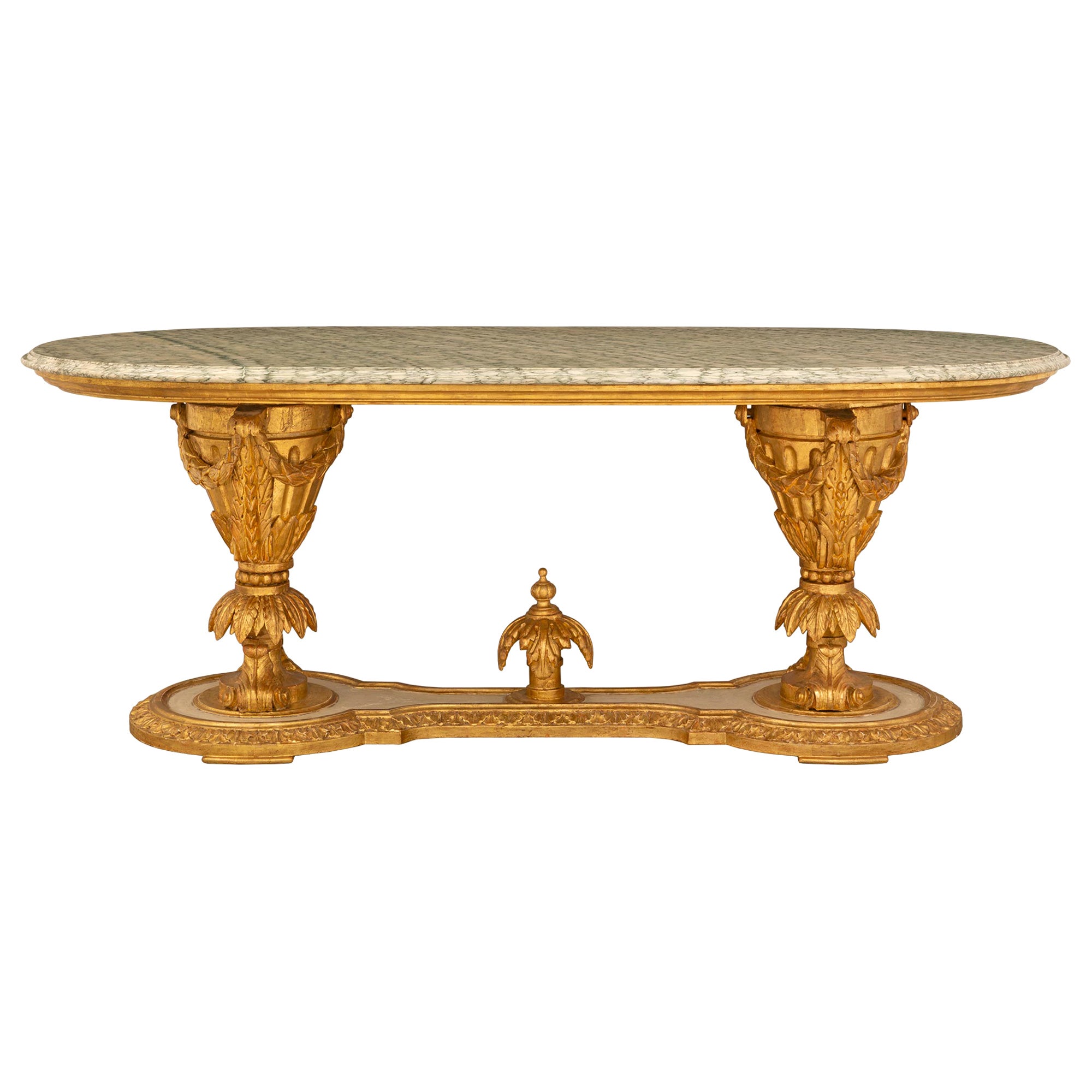 Table centrale italienne Louis XVI du 19ème siècle en bois patiné, bois doré et marbre en vente