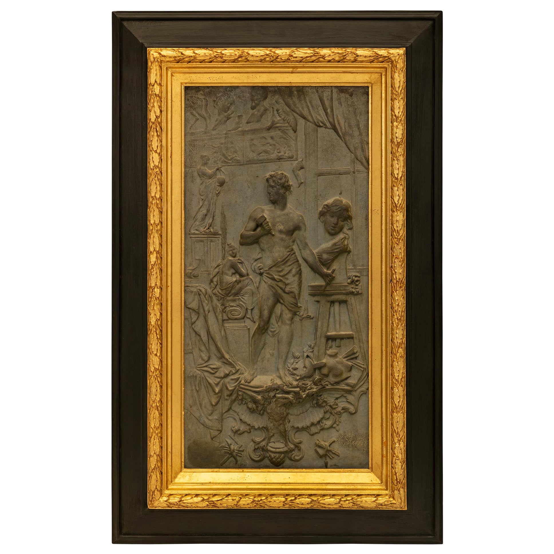 Austrian 19th Century Patinated Bronze, Giltwood and Ebony Wall Plaque