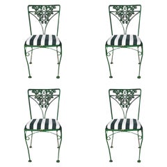 Vintage Regency Green and White Stripe Metal Fruit Motif Patio Chairs - Set of 4