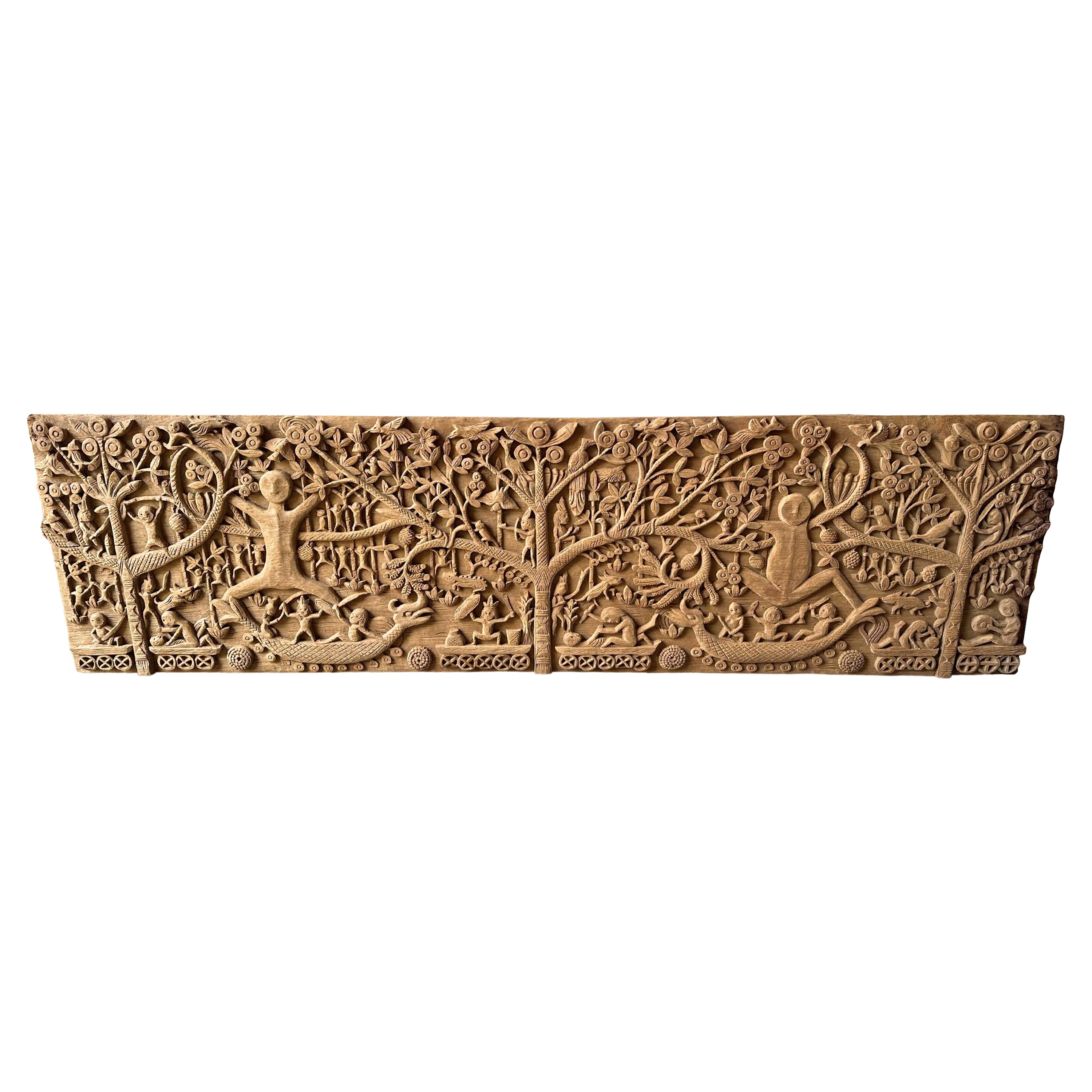 Hand-Carved Teak Wood Sculpture Panel Depicting Dayak Mythology