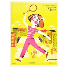 Original Vintage Sport Propaganda Poster Exercise Children Health Tennis USSR