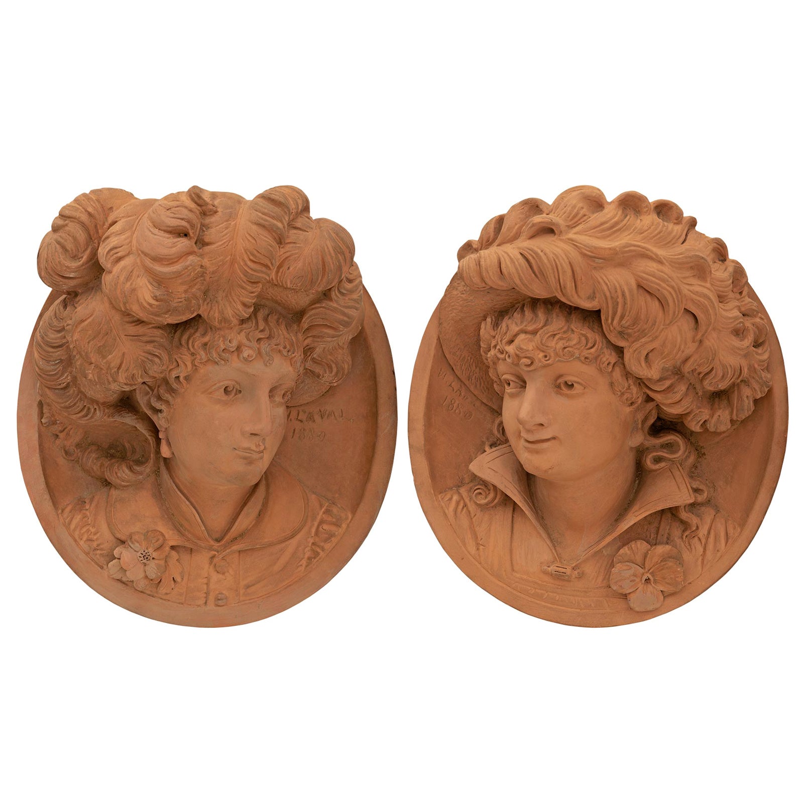 True Pair of French 19th Century Belle Époque Period Terra Cotta Wall Plaques For Sale