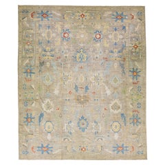 Oversize Modern Sultanabad Handmade Beige Wool Rug with Floral Design