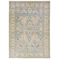 Floral Handmade Modern Sultanabad Wool Rug with Light Blue Field