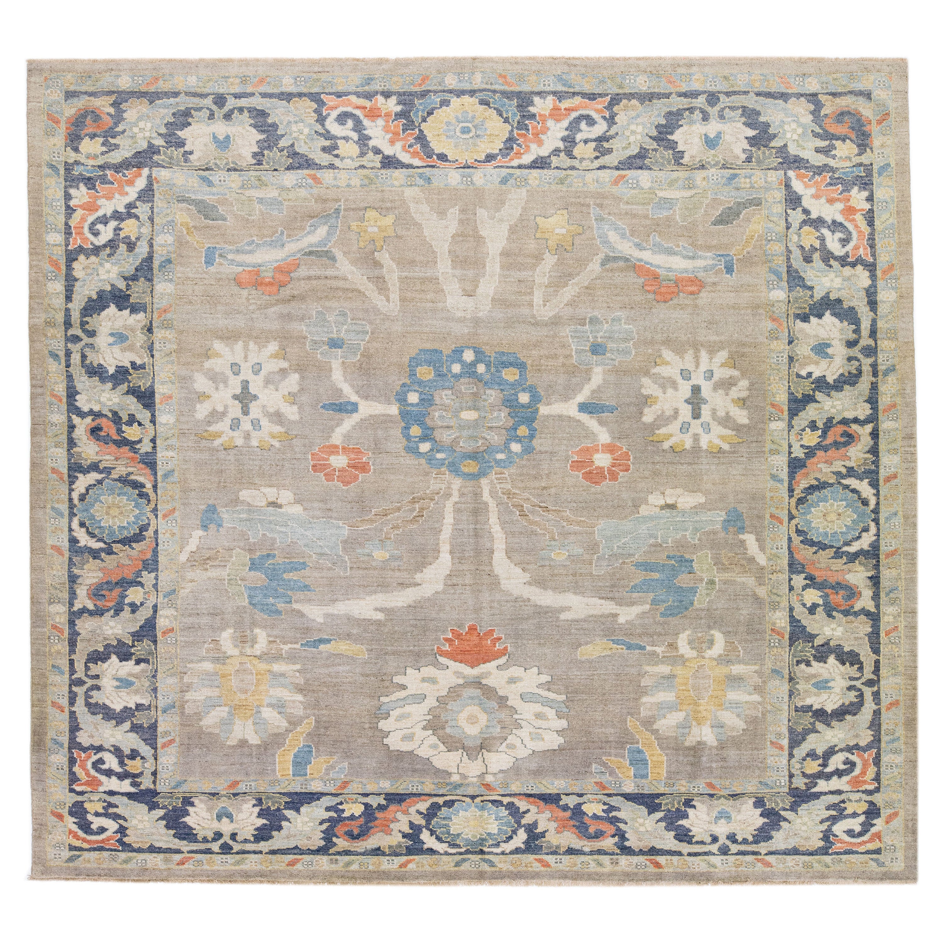 Floral Modern Sultanabad Gray Handmade Square Wool Rug 