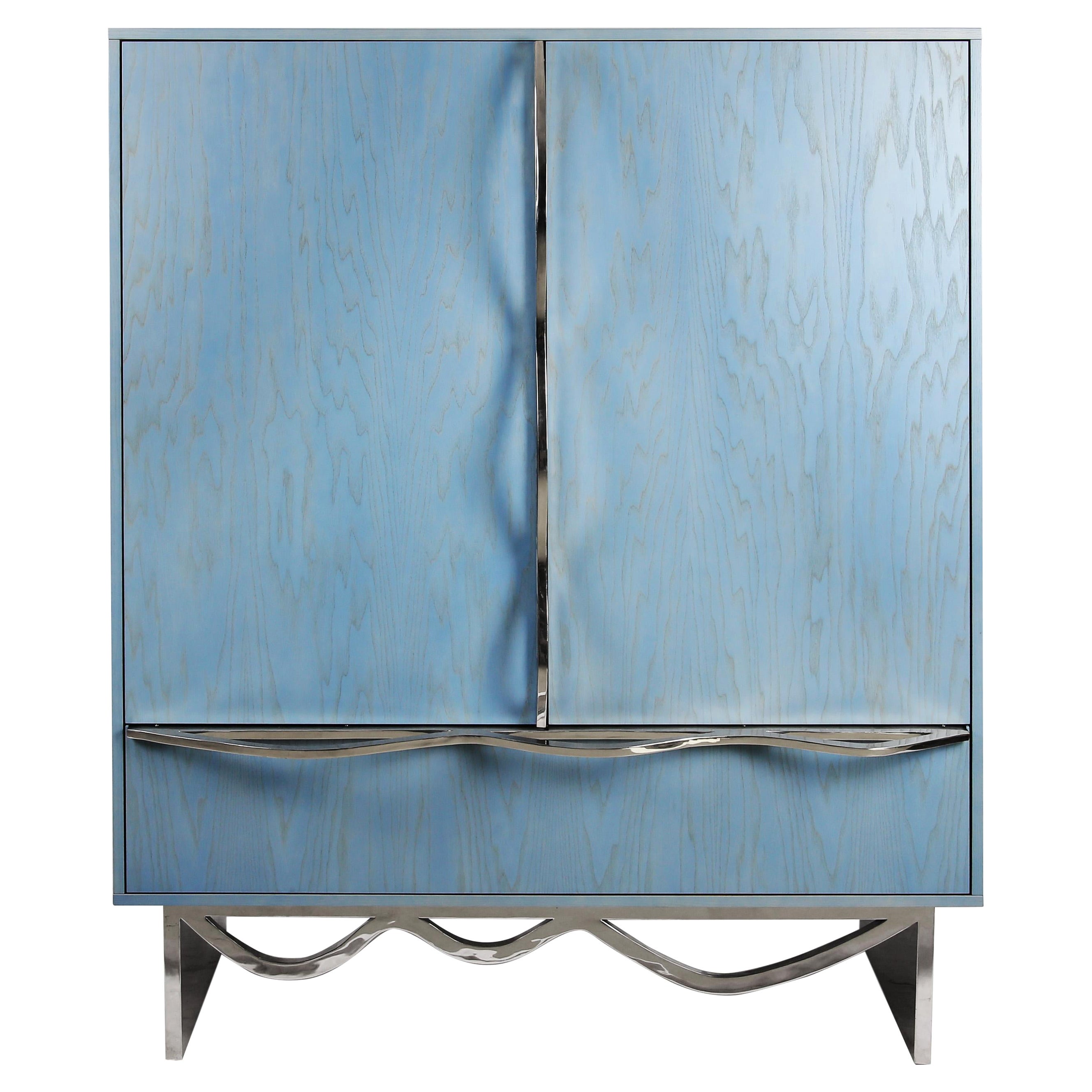 Contemporary Mid Century media cabinet in Ash, Walnut, Stainless steel. For Sale