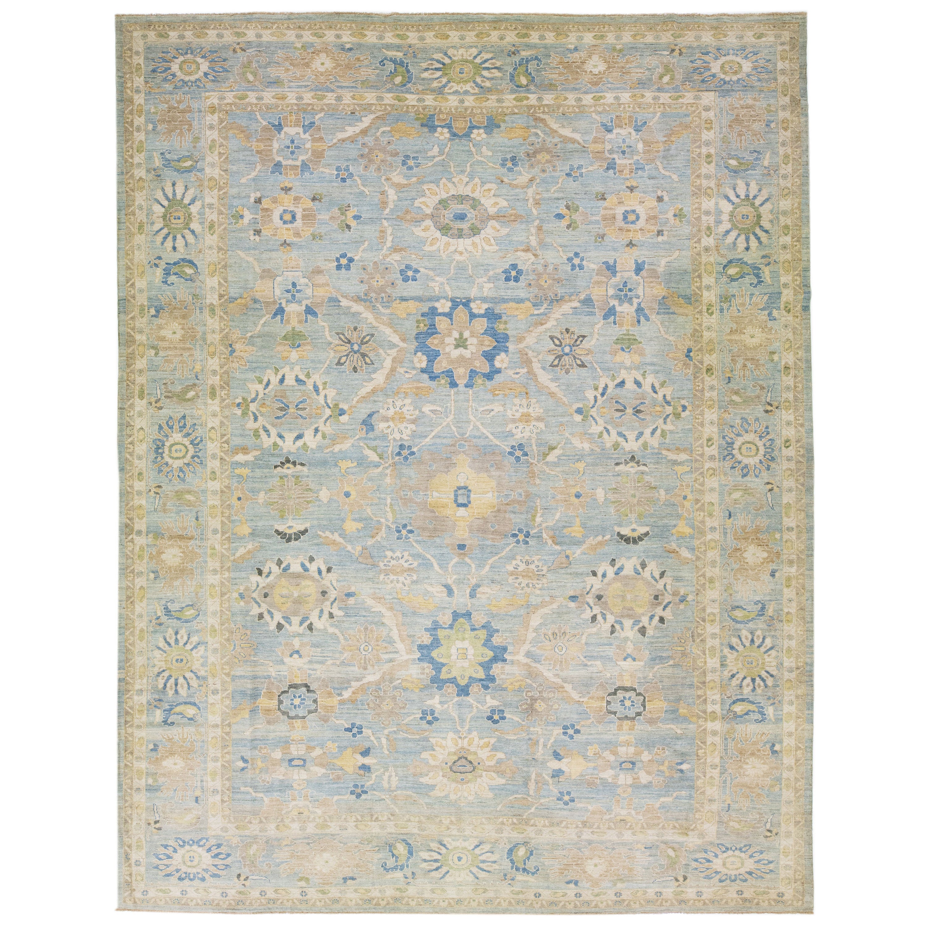 Light Blue Handmade Modern Sultanabad Oversize Wool Rug with Floral Motif