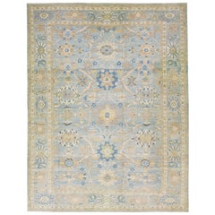 Light Blue Handmade Modern Sultanabad Oversize Wool Rug with Floral Motif