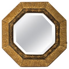 Antique English Arts & Crafts Octagonal Hammered Brass Mirror C.1920
