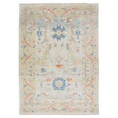 Modern Floral Sultanabad Handmade Light Blue Wool Rug