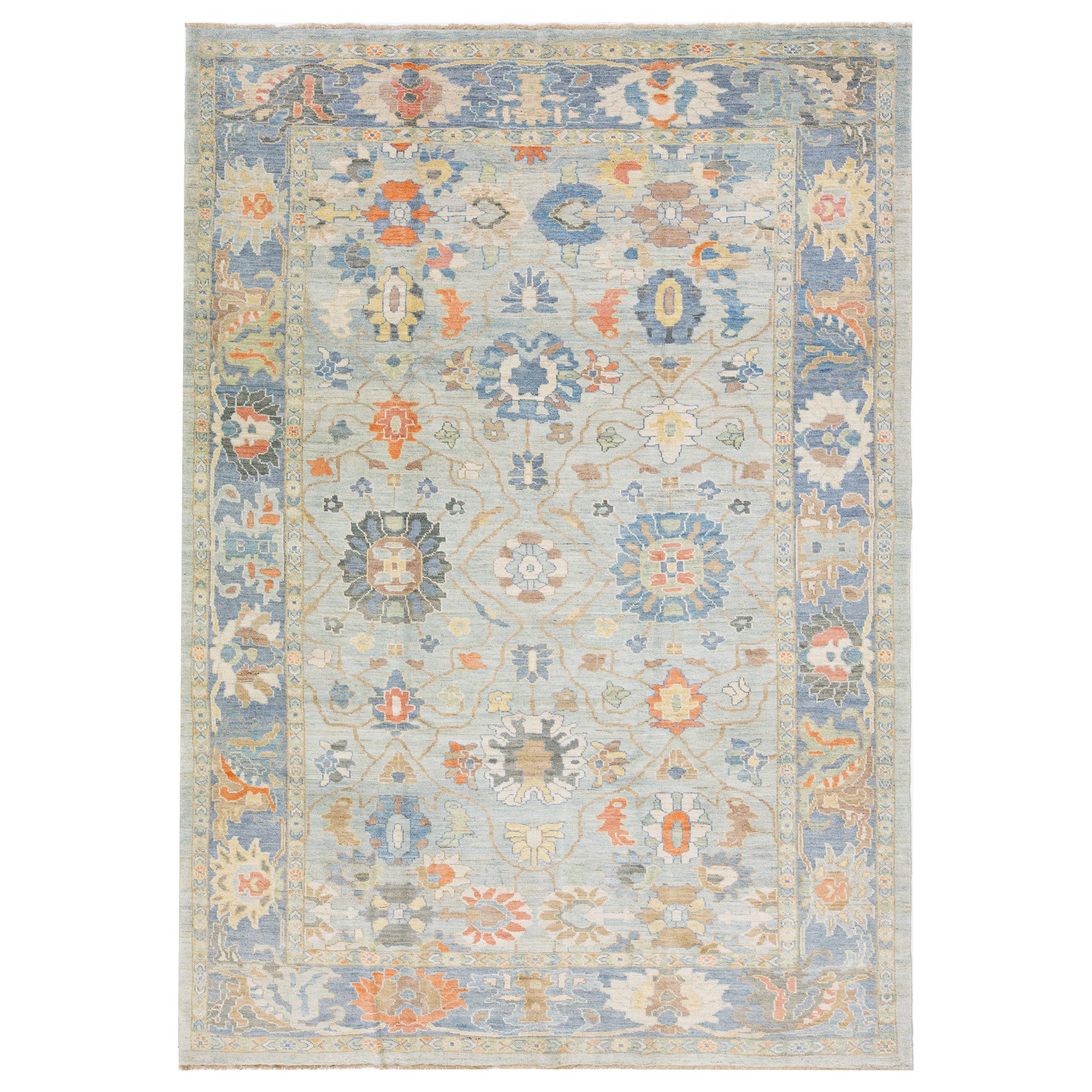 Blue Persian Modern Sultanabad Handmade Wool Rug with Allover Pattern For Sale