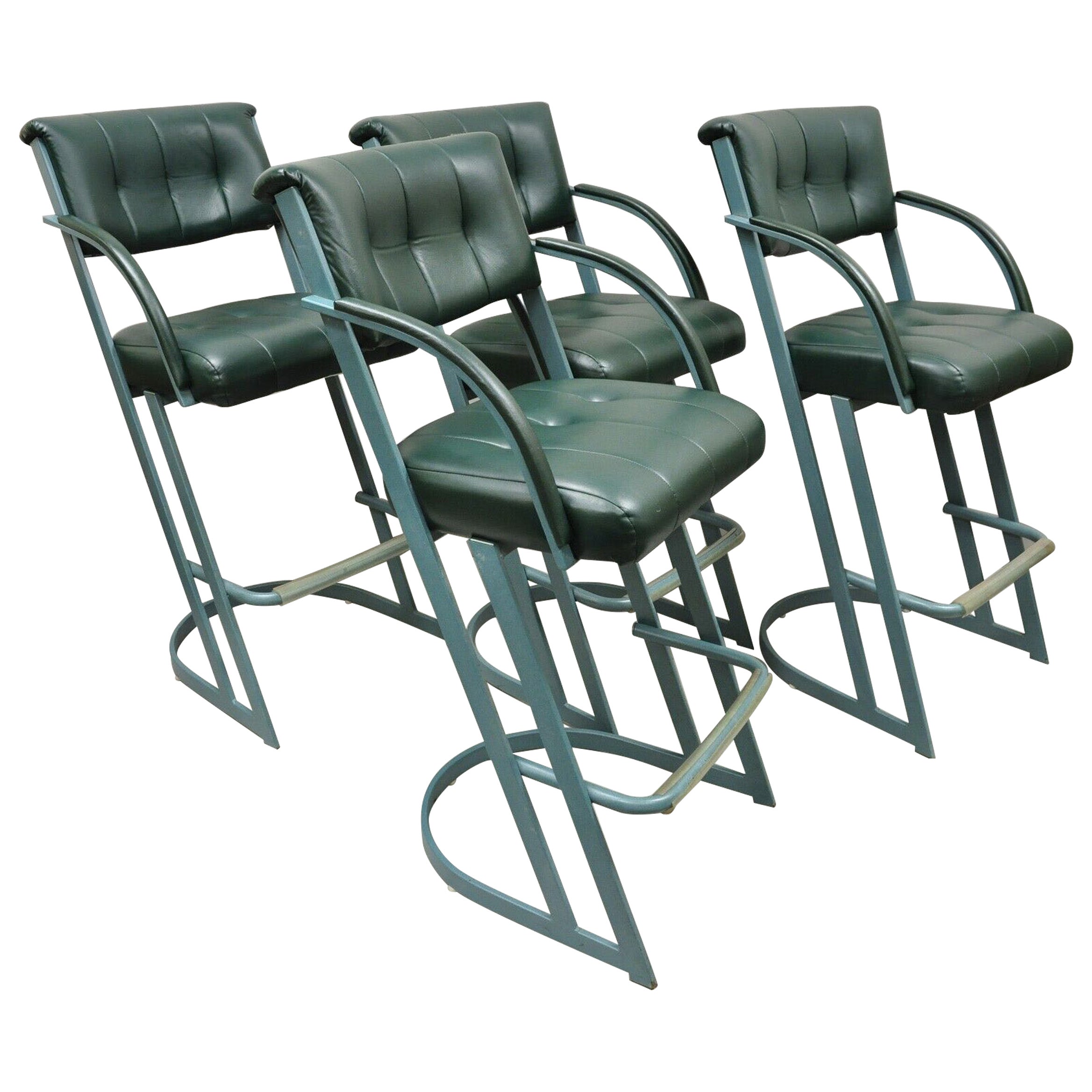 Vintage Contemporary Modern Green Metal Sculptural Space Age Bar Stools - 4 Pcs For Sale