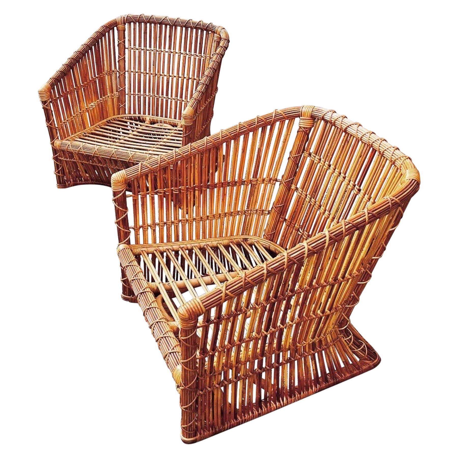 Exceptional Pair of Rattan and Cane Basket Loungers by McGuire, circa 1975