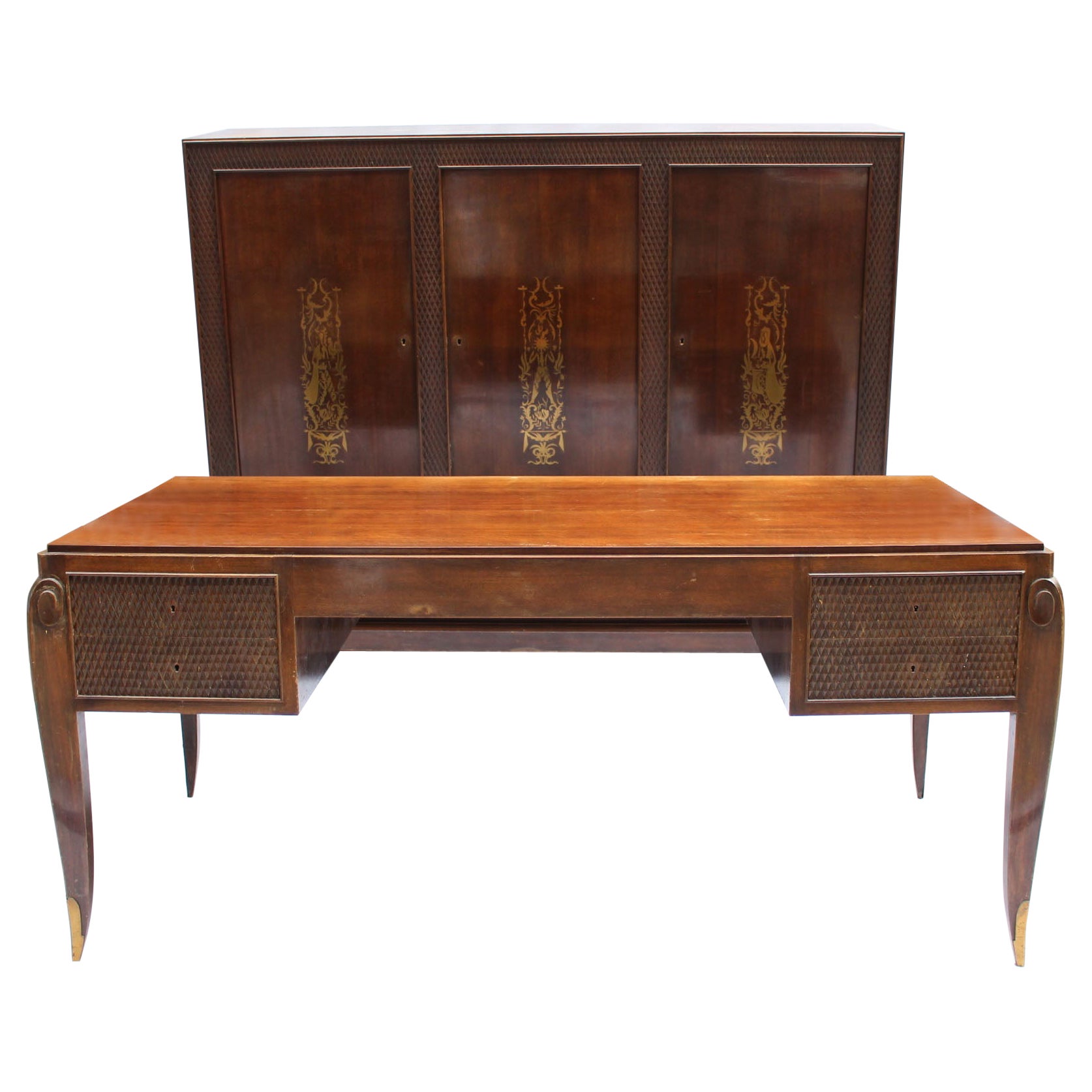 Fine French 1940s Desk and Cabinet by Jean Pascaud 'Marquetry by J.D Malcles'