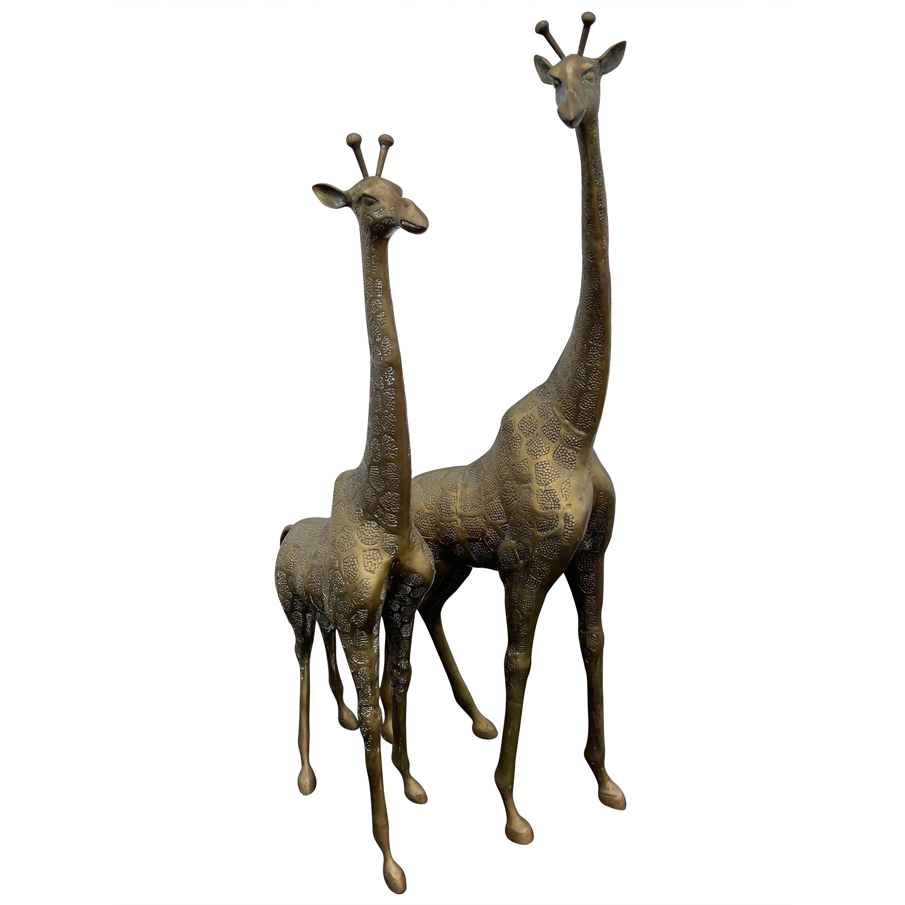 Pair of Hollywood Regency Brass Giraffes-Mother and Baby For Sale