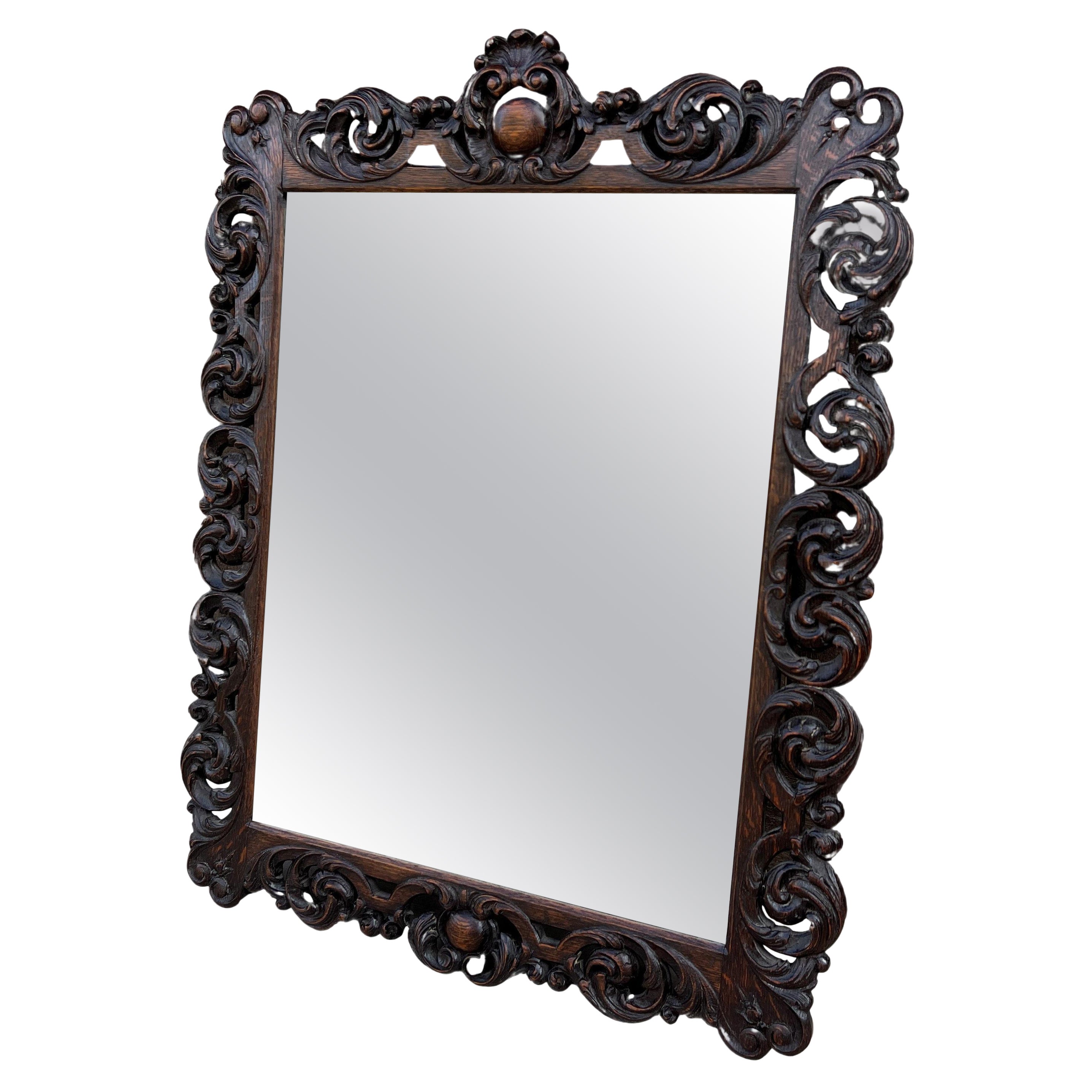 Antique French Mirror Oak Framed Hanging Wall Mirror Beveled