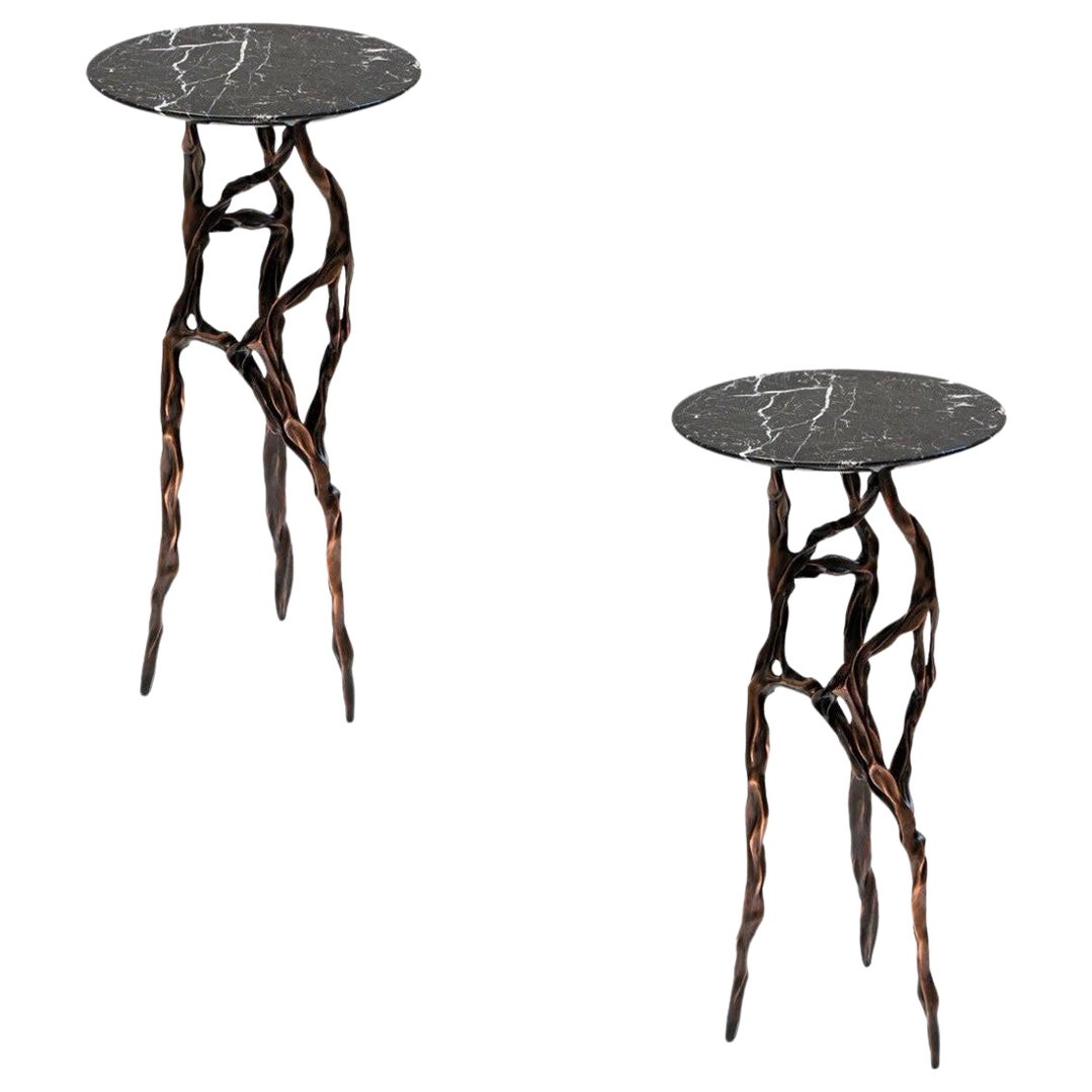 Pair of Dark Bronze Side Tables with Marquina Marble Top by Fakasaka Design For Sale