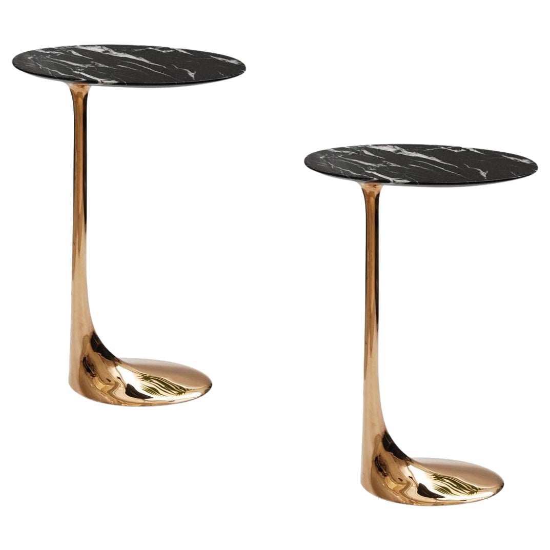 Pair of Polished Bronze Tables with Marquina Marble Top by Fakasaka Design For Sale