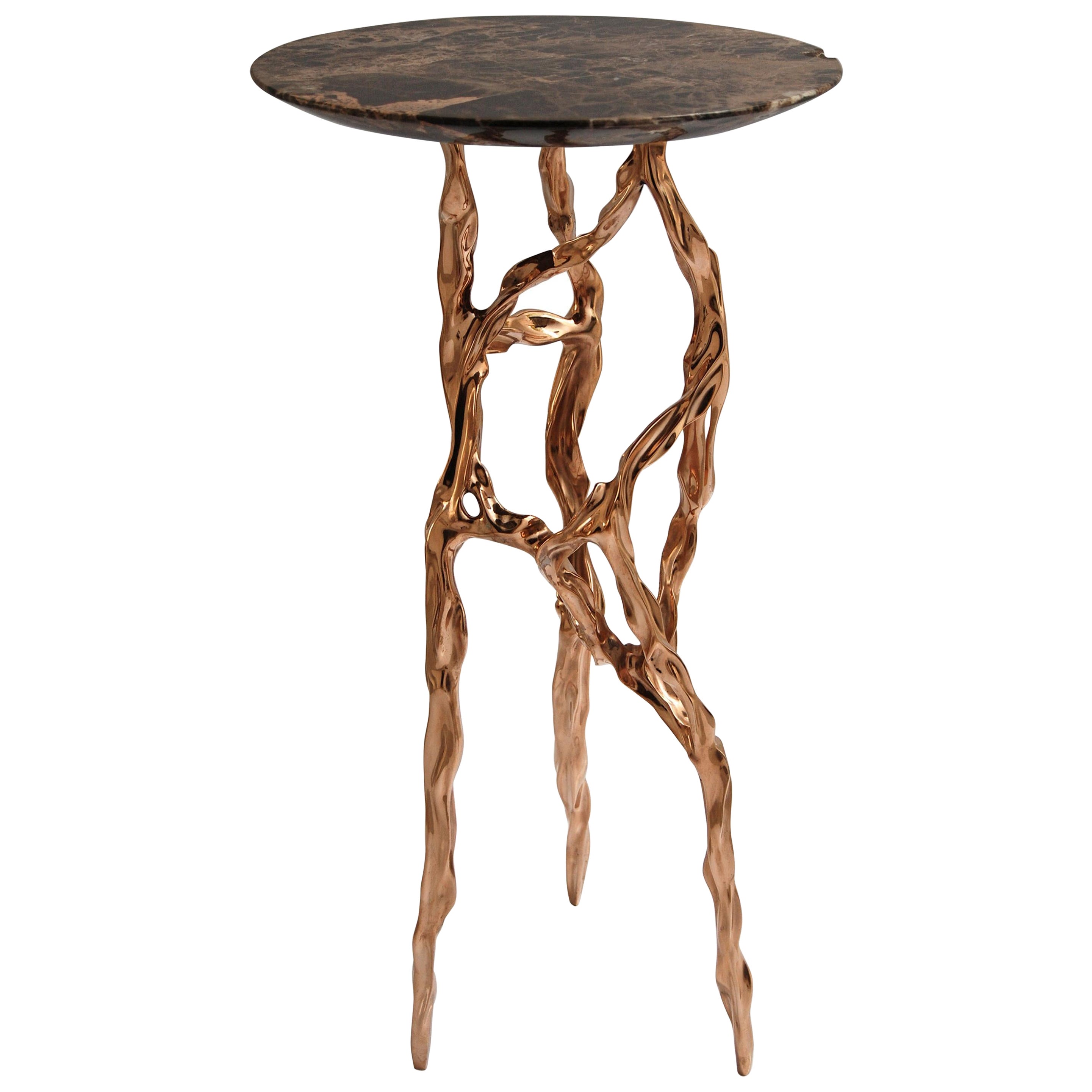 Polished Bronze Side Table with Marquina Marble Top by Fakasaka Design For Sale