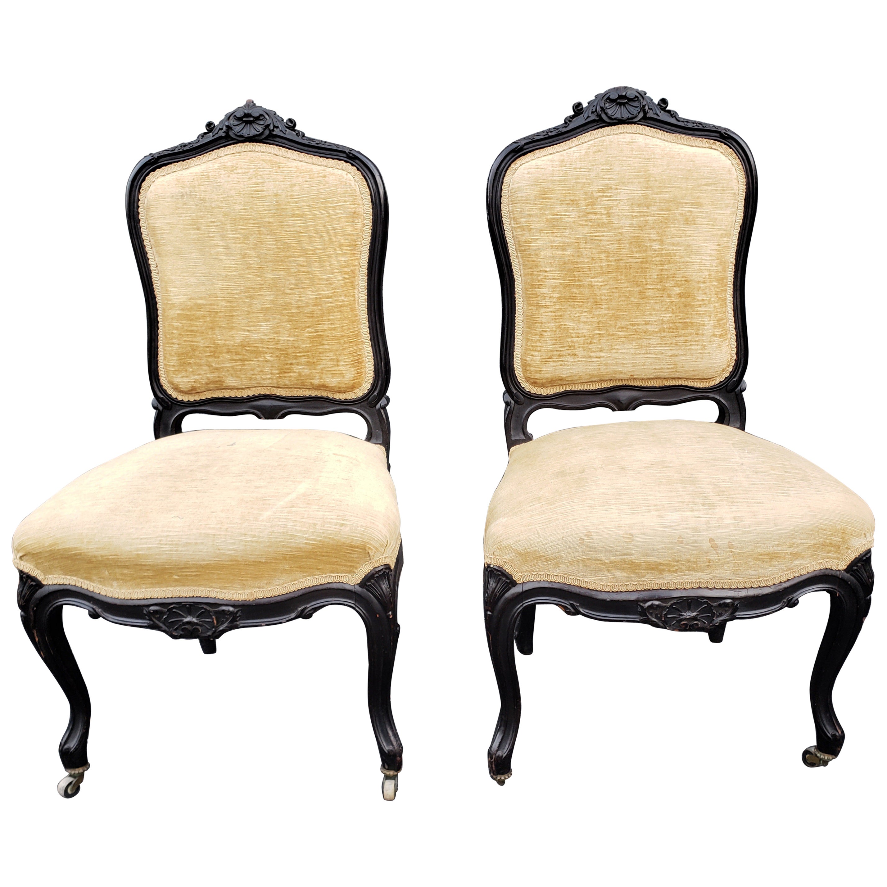 Pair of 1890s Louis XV Carved, Ebonized and Upholstered Chairs For Sale