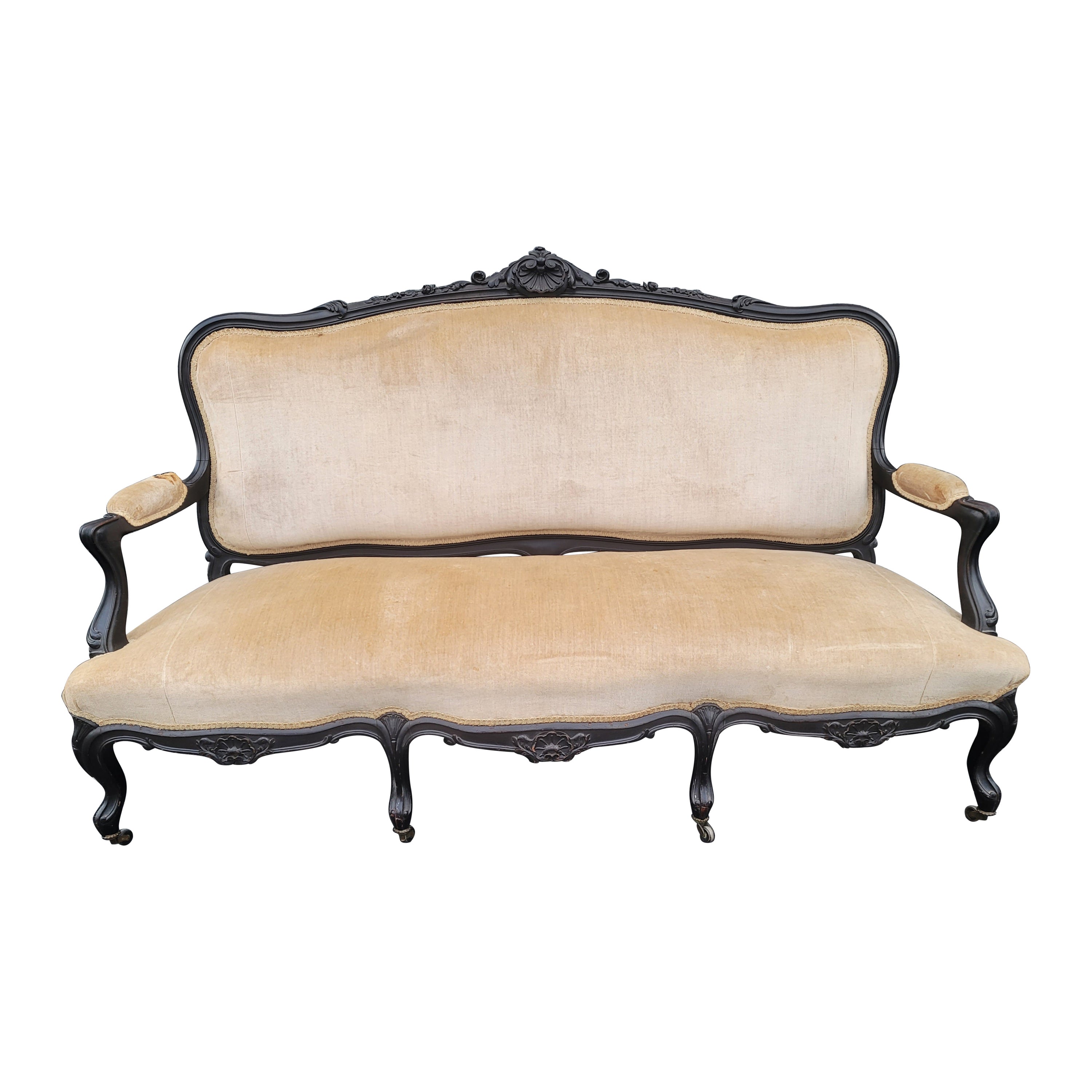 1890s Louis XV Carved, Ebonized and Upholstered Sofa