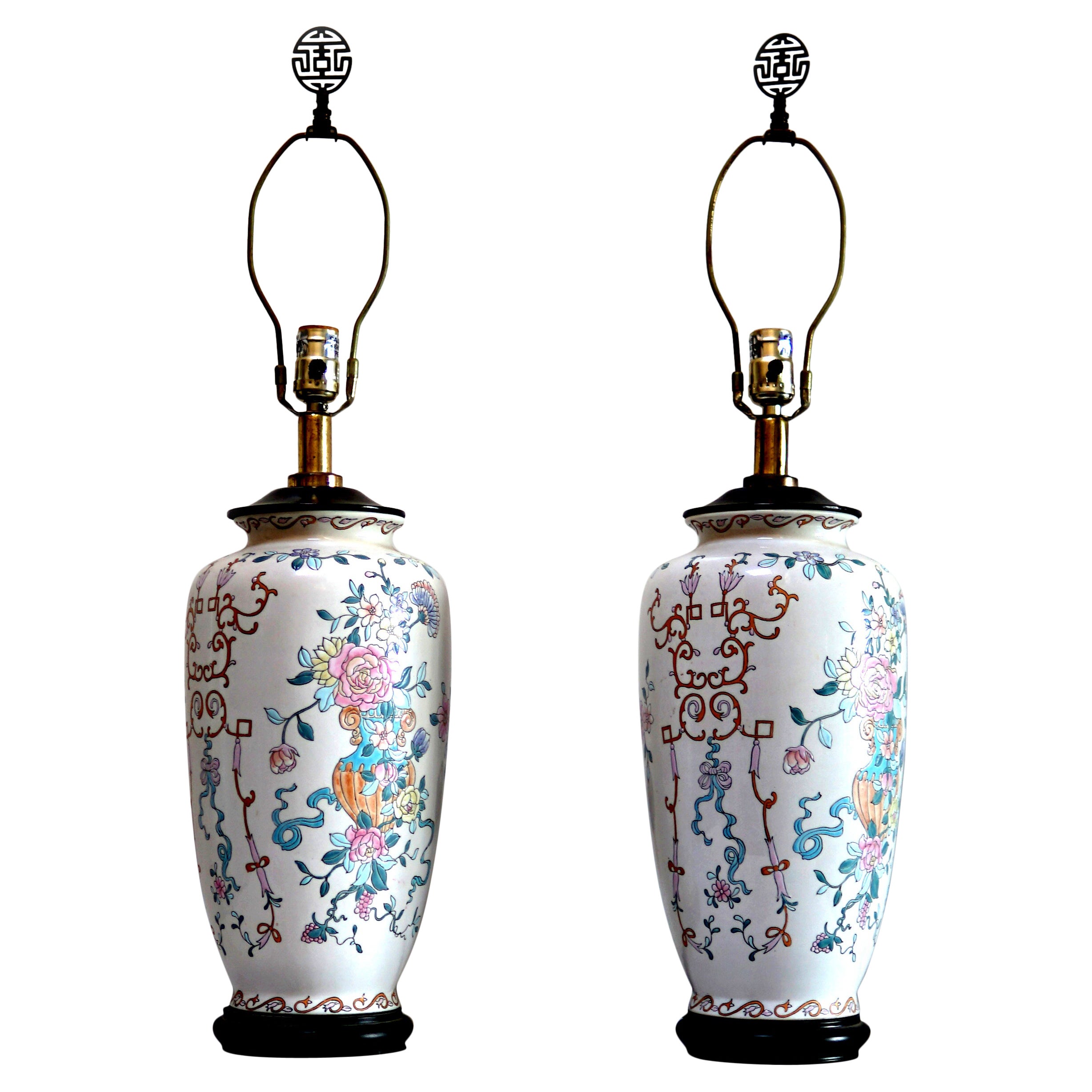 Pair of Famille Rose table lamps with boughs of Flowers and Hand Painting For Sale