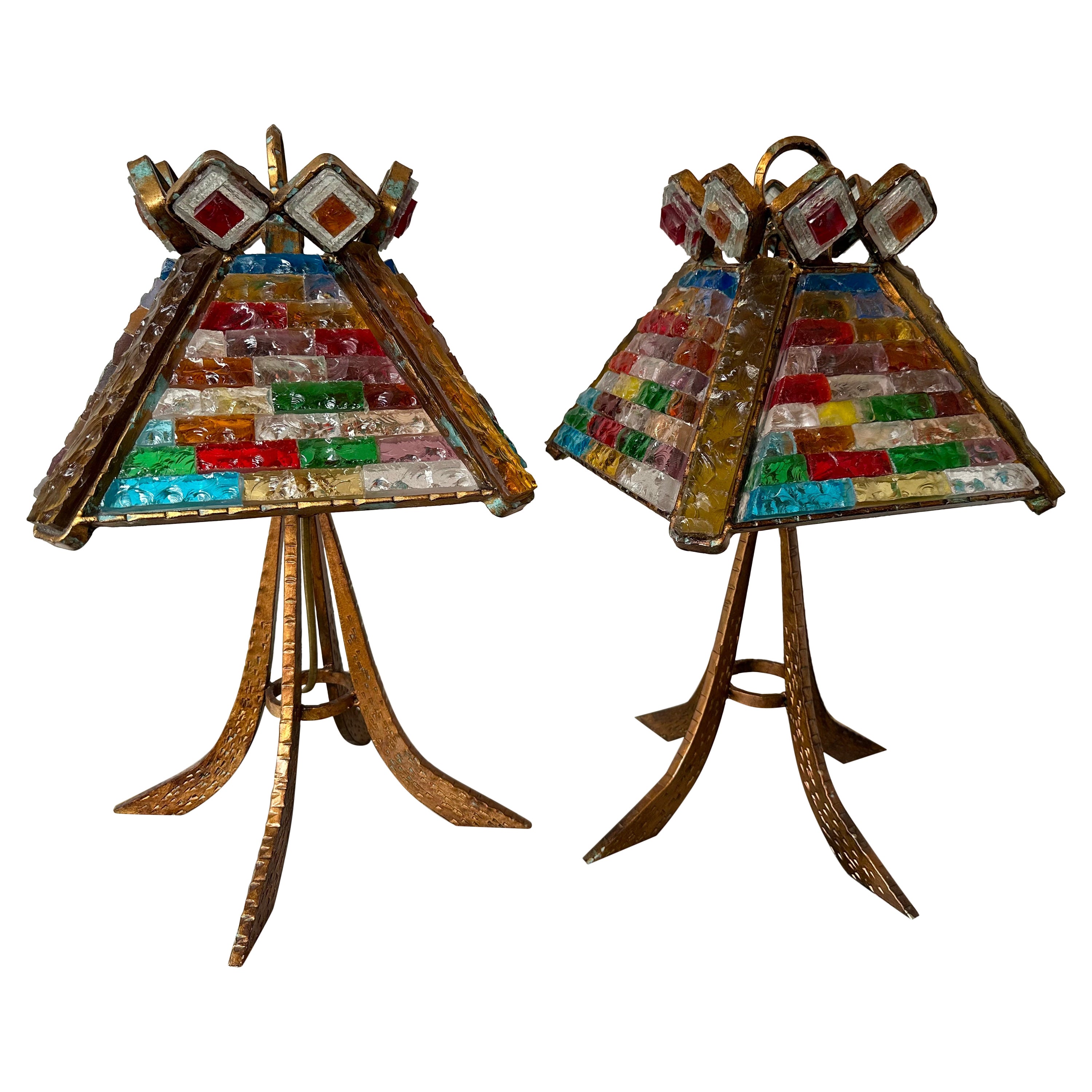 Pair of Hammered Glass Gilt Wrought Iron Lamps by Longobard, Italy, 1970s For Sale
