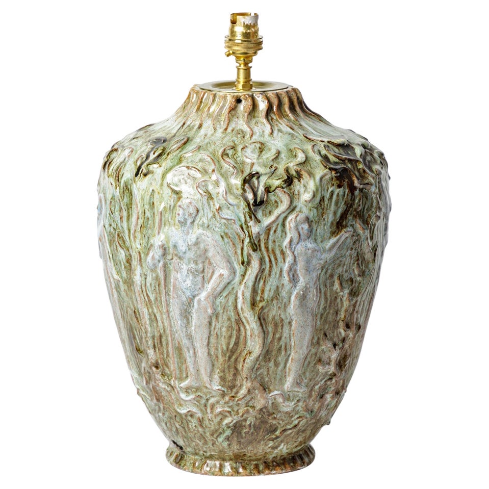 large art deco XXth century ceramic table lamp adam & eve decoration 1950 For Sale