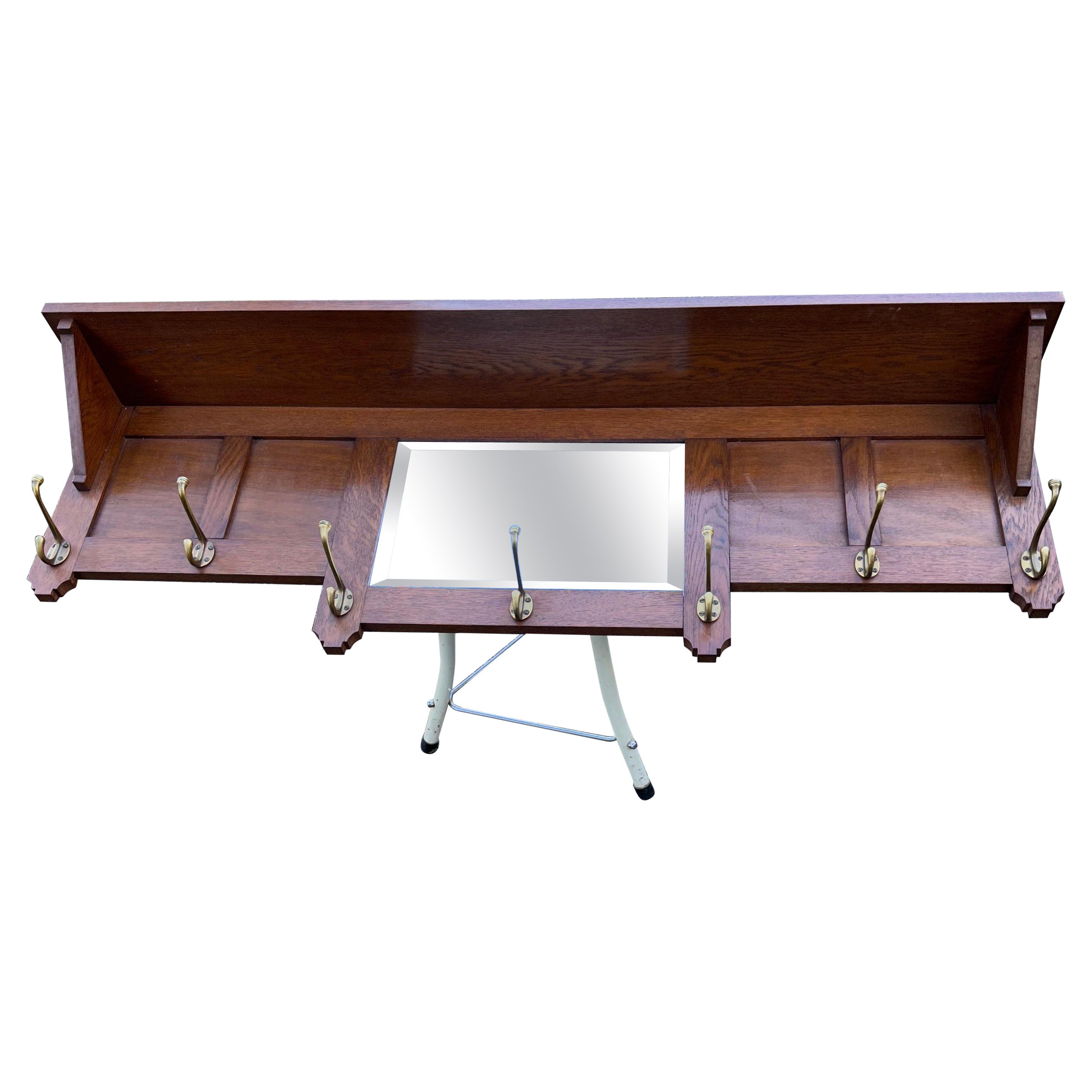 circa 1910 Arts and Crafts Oak Wall Coat Rack, Beveled Mirror and Hand