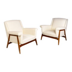 Vintage Italian mid century modern white cotton and solid beech pair of armchairs, 1960s
