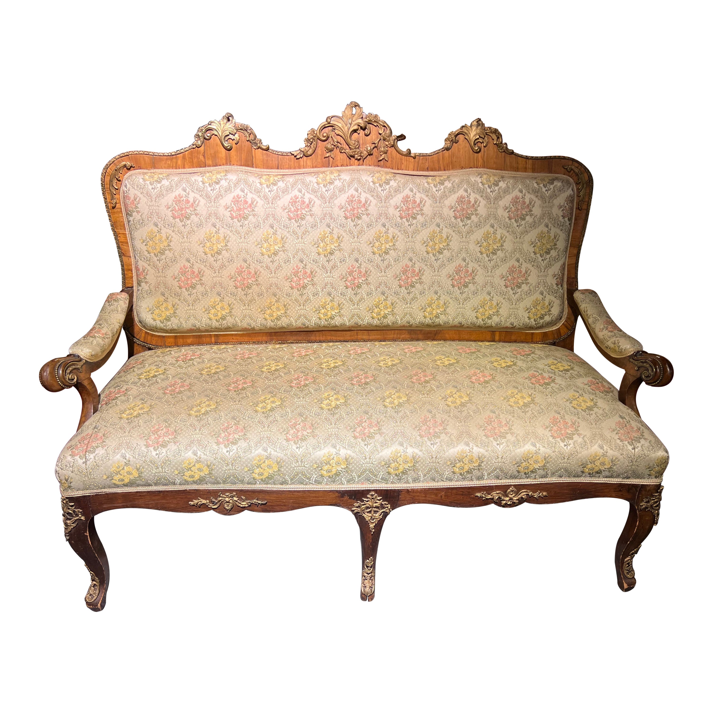 Seltenes antikes dresden-Barock-Sofa / Couch aus bronziertem massivem Nussbaumfurnier 1880