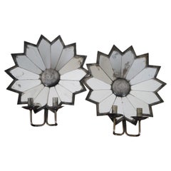 Retro 2 Japanese Antiqued Mirrored Tin Sunburst Flower Two Candle Wall Sconce Pair 