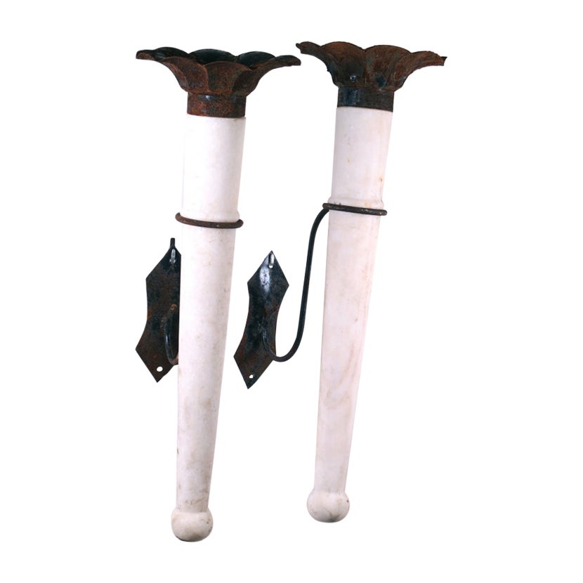 Pair of White Marble and Black Polychromed Iron Wall Torches For Sale
