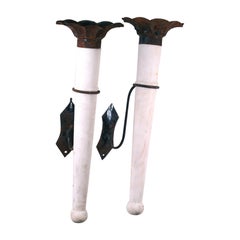 Vintage Pair of White Marble and Black Polychromed Iron Wall Torches