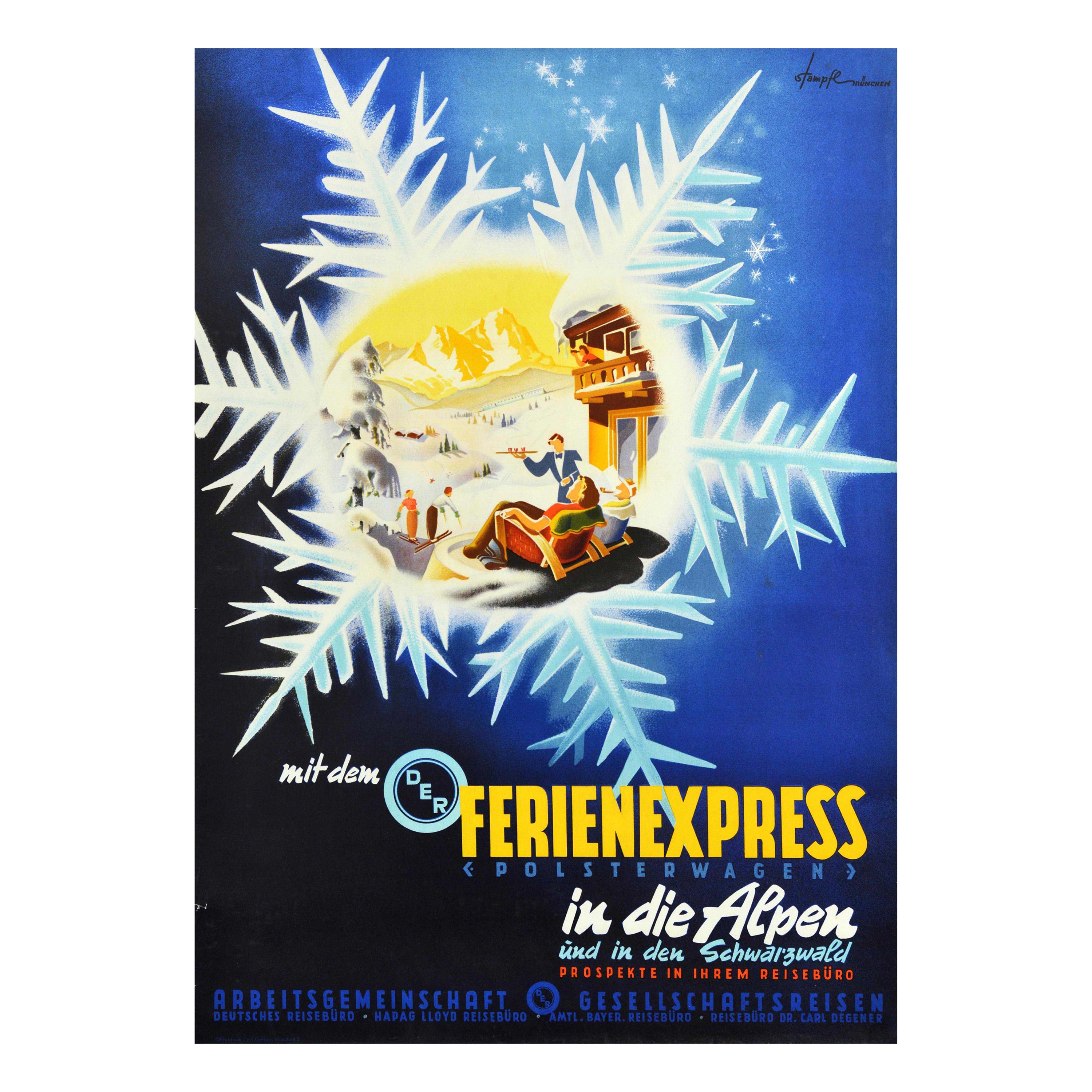 Affiche vintage originale de voyage, Sports d'hiver, Alpes, Ski, Express, Train, Art en vente