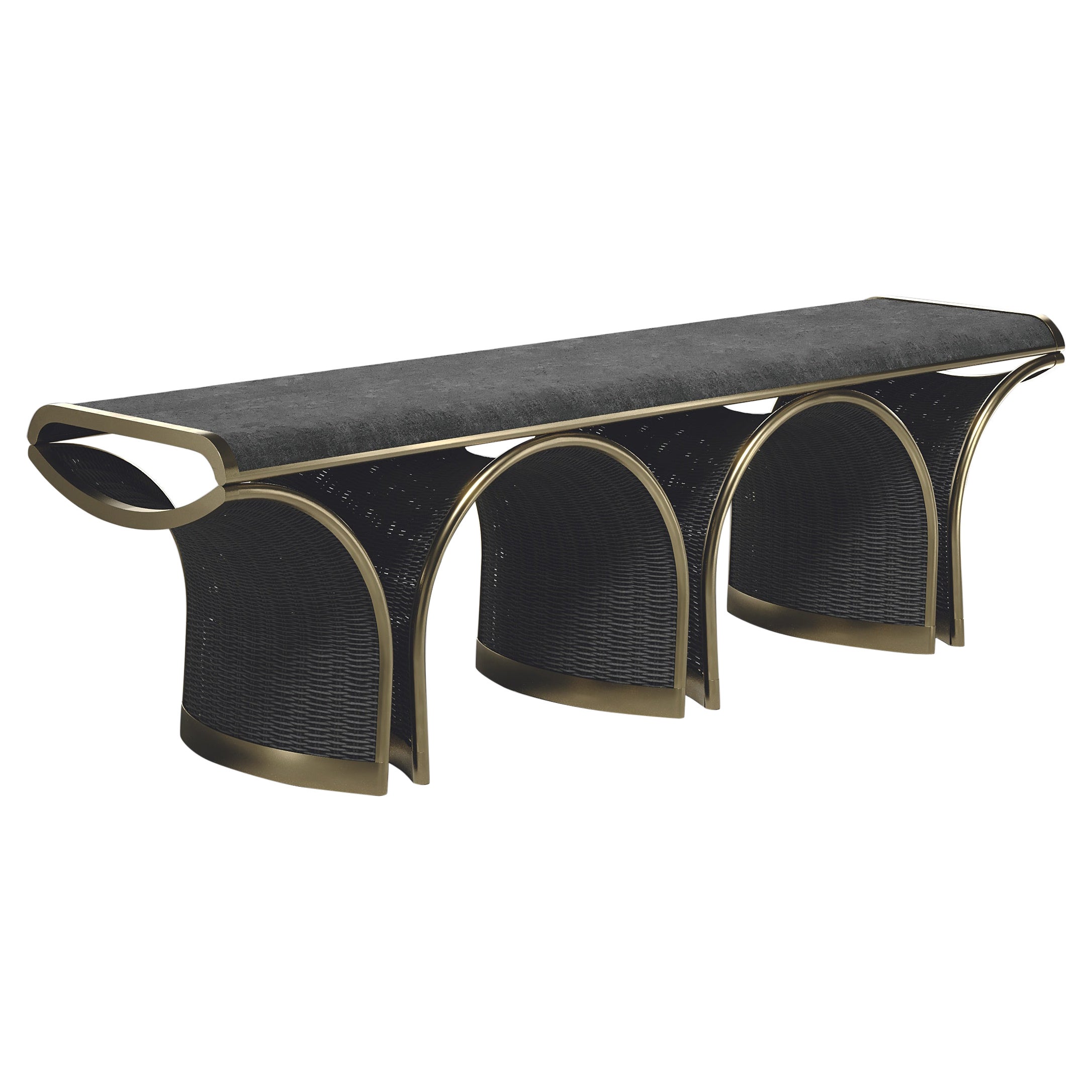 Rattan Bench with Velvet Upholstery Brass Inlay by R&Y Augousti For Sale